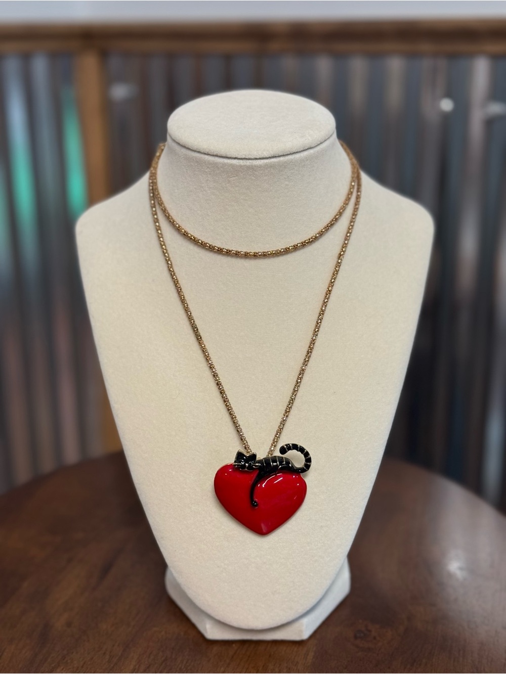 Betsey Johnson Necklace Brooch, Red Heart, Lazy Cat Pendant